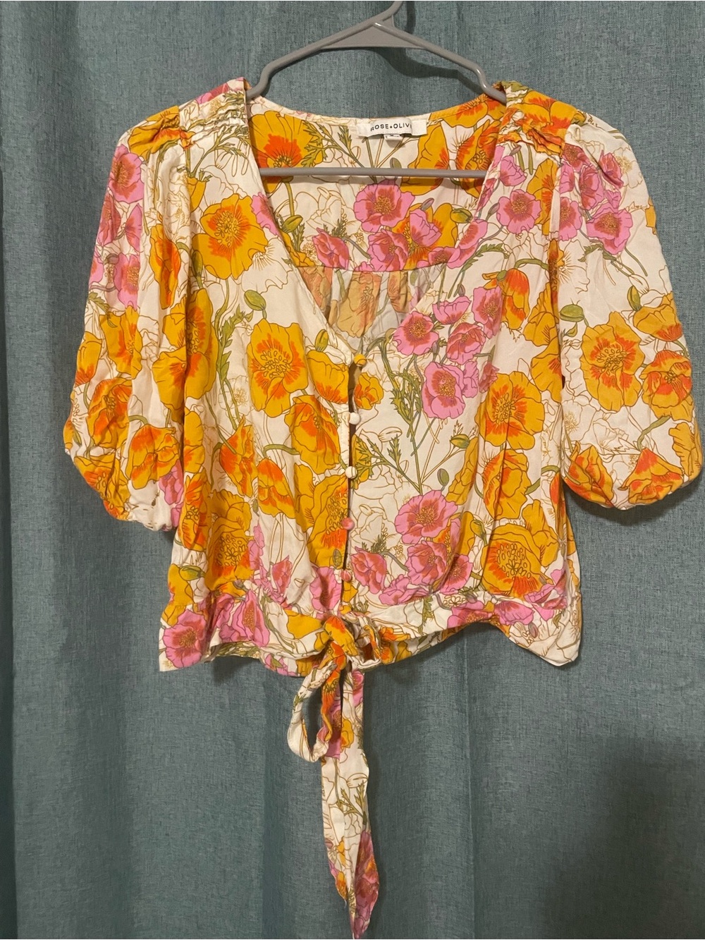 Rose & Olive Floral Tie-Front Puff Sleeve Blouse in Pink and Yellow